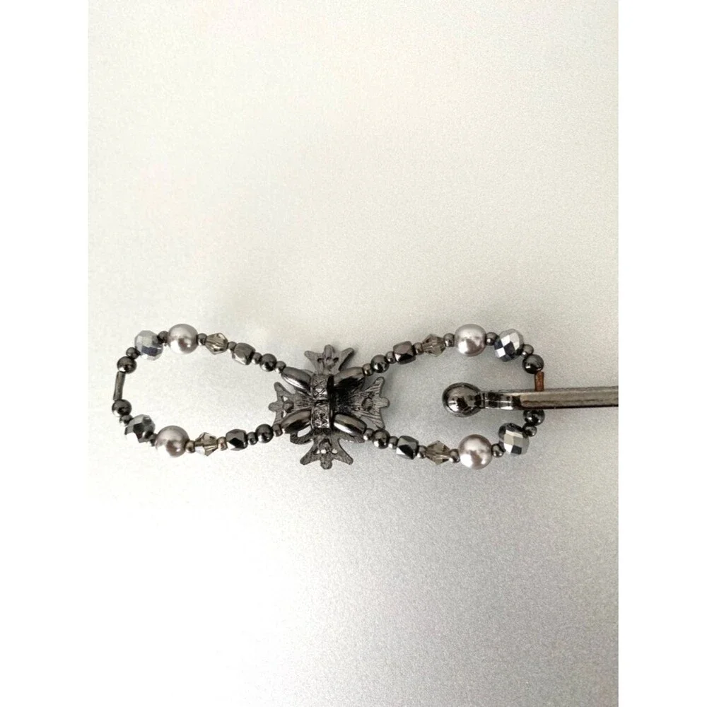 Irose Japanese Gunmetal Beaded Cross Barrette Pearl Accent Bridal Party Festival